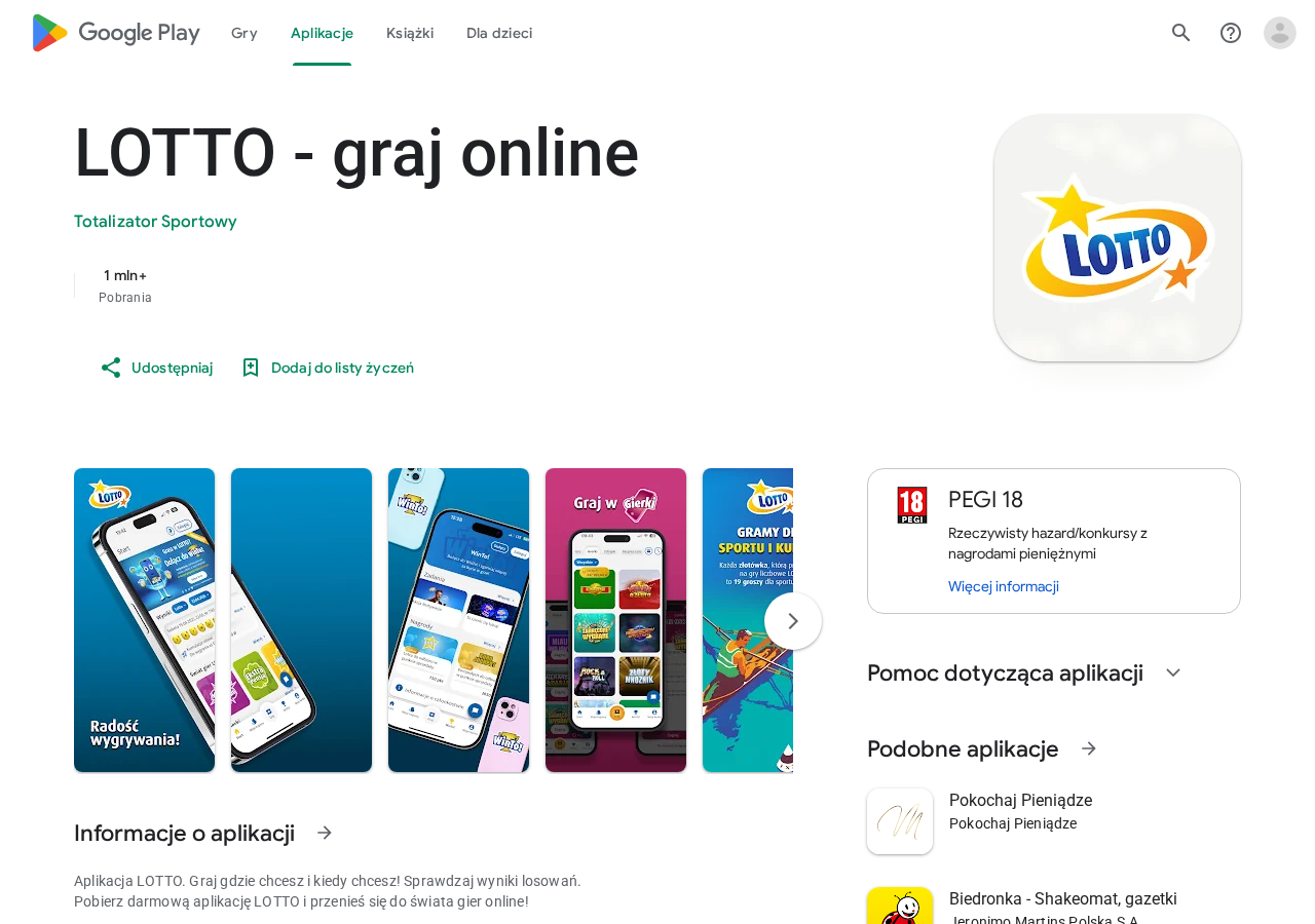 Karta aplikacji LOTTO w Google Play
