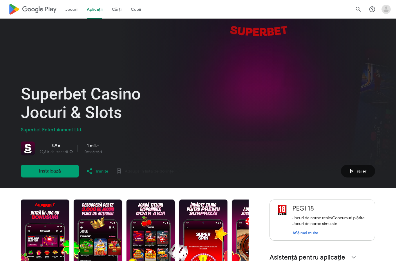 Zagraniczna karta aplikacji Superbet w Google Play